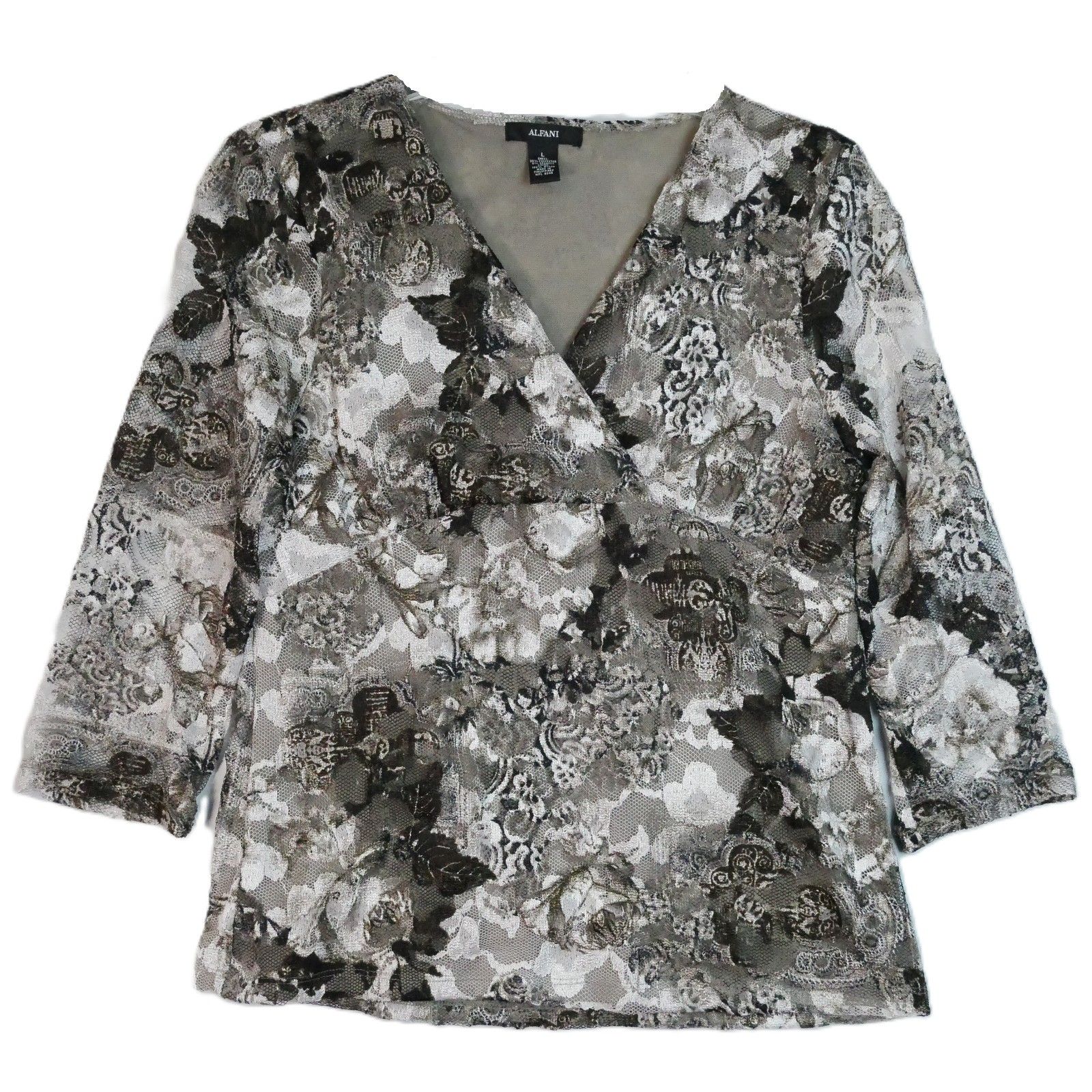 Alfani Women Size L Top Blouse Floral Gray Lace V-Neck Blouse 3/4 Sleeve